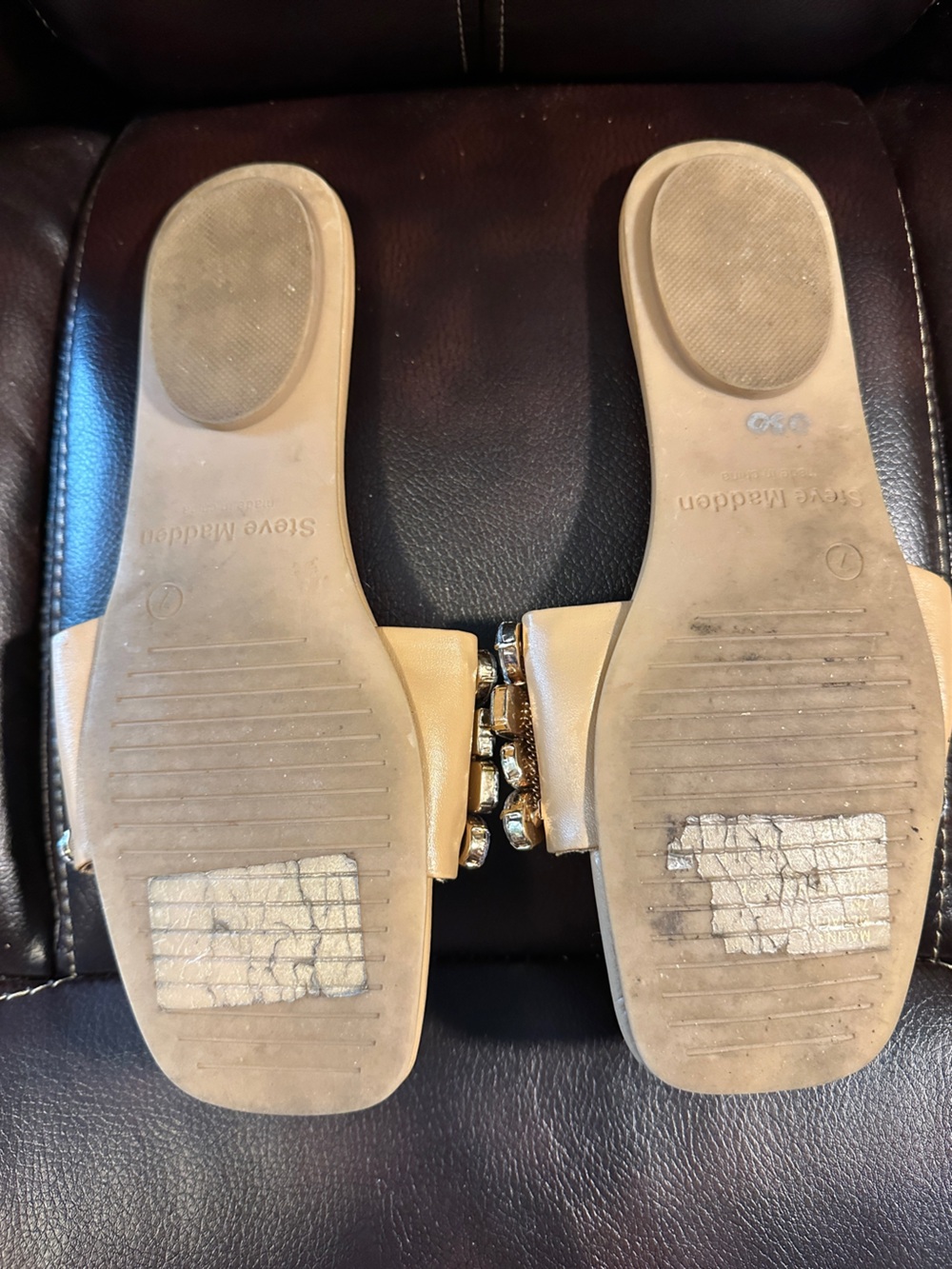 Steve Madden Tan Slide Sandals with Rhinestone Jewel Straps - Picture 2 of 2
